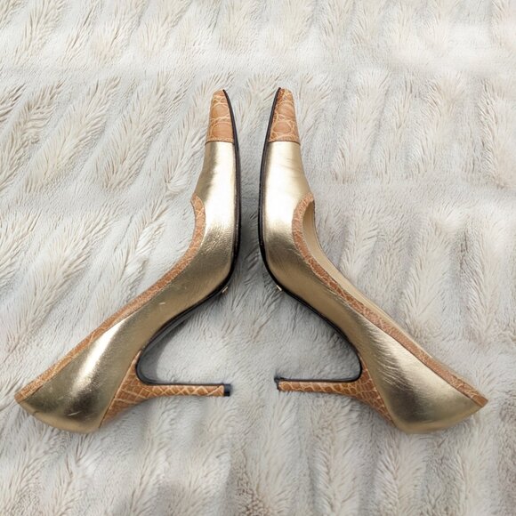 Vintage DOLCE & GABBANA Gold Leather Embossed Croc Trimmed Stiletto Pumps, Sz. 6 - Picture 5 of 16